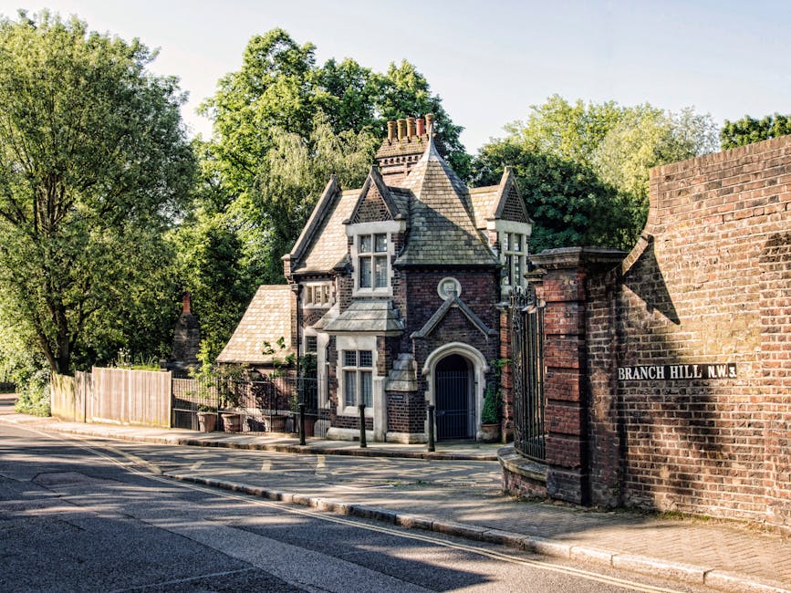 A quiet residential street in Maze Hill with a curved asphalt road marked by double yellow lines. On the left, a tall stone boundary wall runs alongside the pavement, casting shadows from nearby trees